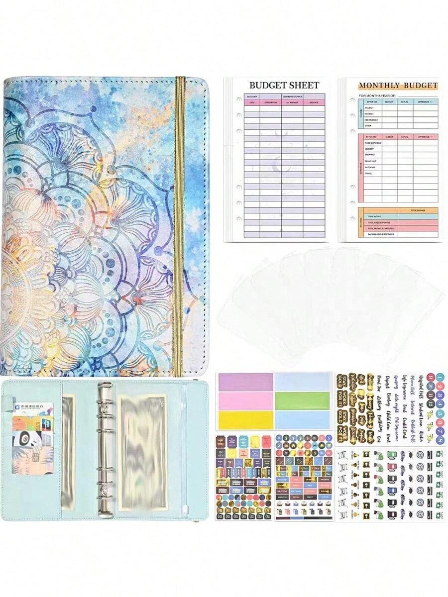 1 Set Mandala Binder Cover A6 Ring Binder Planner With Cash Budget, 8 Zipper Pockets, 12 Budget Cards, 12 Monthly Budget Cards, 6 Stickers - Multicolor - View 1