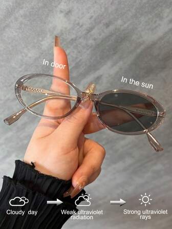 1pc Full Frame TR Frame Metal Legs Oval Small Frame Retro High-End Decorative Indoor Computer Reading Outdoor Photochromic Fashion Glasses For Summer Beach Vacation,Outdoor,Travel