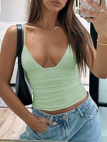 女士纯色V领性感修身街头风春夏度假派对夜店短款吊带背心 - 薄荷綠 - 查看 2