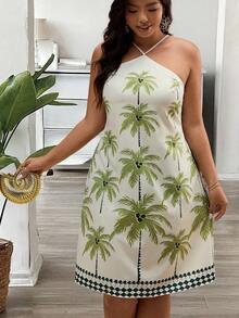 Plus Size Women's Floral Print Halter Neck Sleeveless Dress, Random Print - Multicolor - View 7