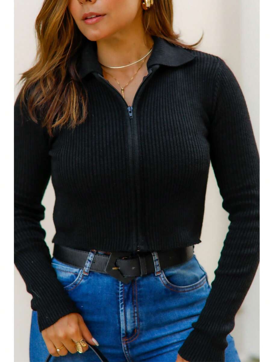Knitted Cropped Cardigan Jacket With Ribbed Fashion Zipper - Black - View 1