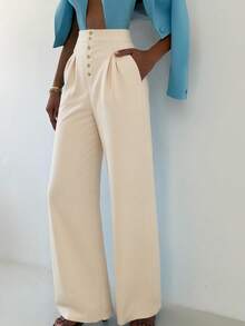 女士休闲纯色直筒长裤，松紧腰带方便穿着，办公室女士日常长裤适合通勤、约会、夏季度假、商务休闲