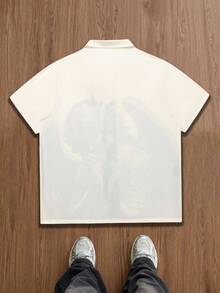 MAISONFOX Áo sơ mi nam mùa hè kiểu dáng thường ngày, thích hợp cho kỳ nghỉ biển, áo sơ mi dáng rộng in hình thiên thần phong cách đường phố cổ điển. - Màu be - Xem 2