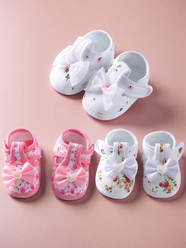 Infant Baby Girls Shoes Soft Sole Cribs Sneakers Flat First Walkers Bowknot Flower Print Non-Slip Princess Wedding Dress Shoes