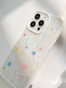 GUCADI 1 件白色贝壳图案彩色小星星 + 星星水晶装饰简约风格全身手机壳适用于 Apple 16/15/14/13/12/11 系列