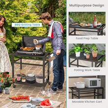 Portable Dining Cart BBQ Trolley Grill Cart Food Prep Worktable With Lockable Wheels - 黑色 - 查看 7