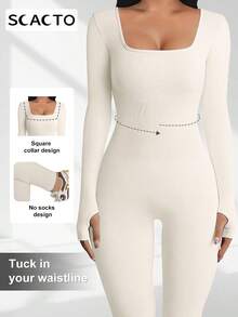 Scacto 2pcs Women Skinny JumpsuitSolid Color Ribbed Knit Long SleeveSquare Neck Bodycon JumpsuitRomper Work Out Sport Yoga Playsuits - 黑白 - 查看 6