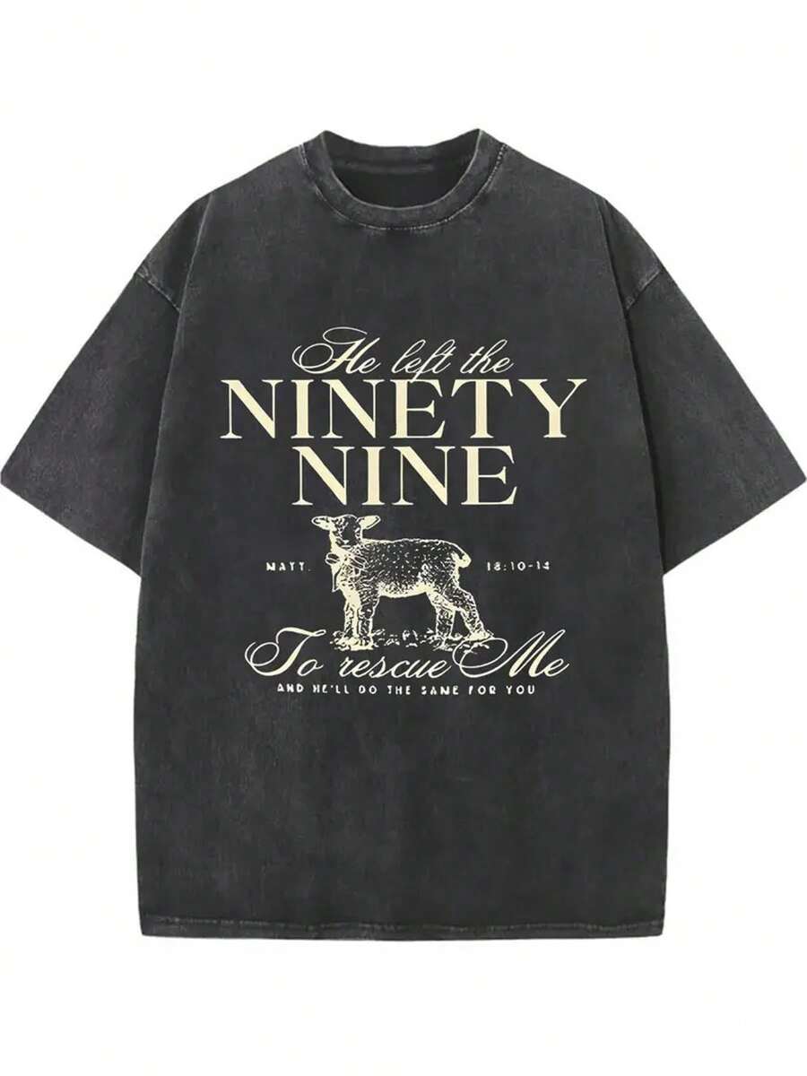 He Left A 99 Printed T-Shirt, 1 Piece, 230g Washed, High-Quality Wax Printed Cotton Retro Fashion Brand T-Shirt, With A Certain Thickness Suitable For Summer T-Shirts, Holiday Gifts - 黑色 - 查看 1