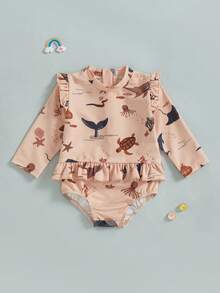 Baby Girls Rash Guard Swimsuit Rompers Long Sleeve Ocean Elements Print Toddler Ruffles Bathing Suit Swimwear - Pink - View 6