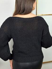 Cropped Blouse Long Sleeve Puffed Cold Sweater Knitting Women's Fashion - 黑色 - 查看 5