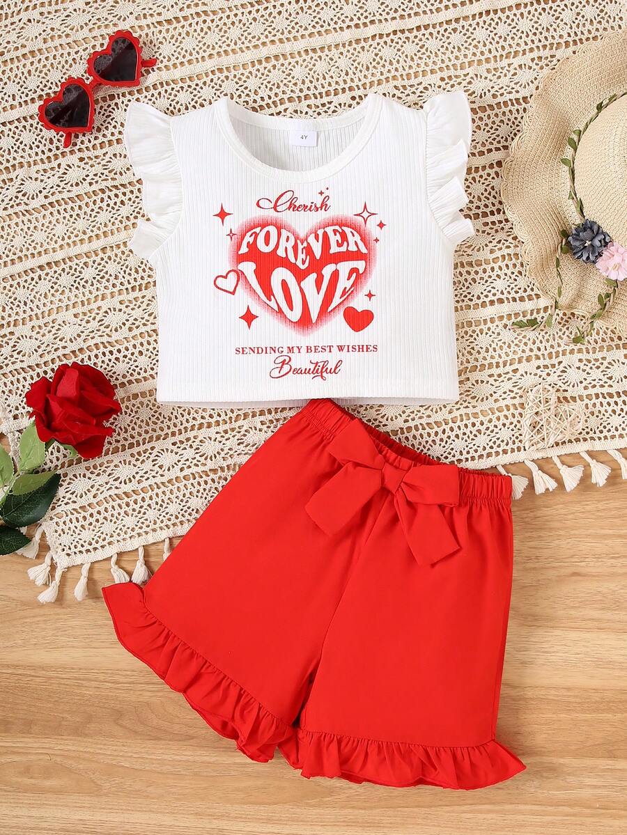 2pcs/Set Young Girls Floral Print Round Neck Top And Solid Color Bow Shorts Summer Outfit - White - View 1