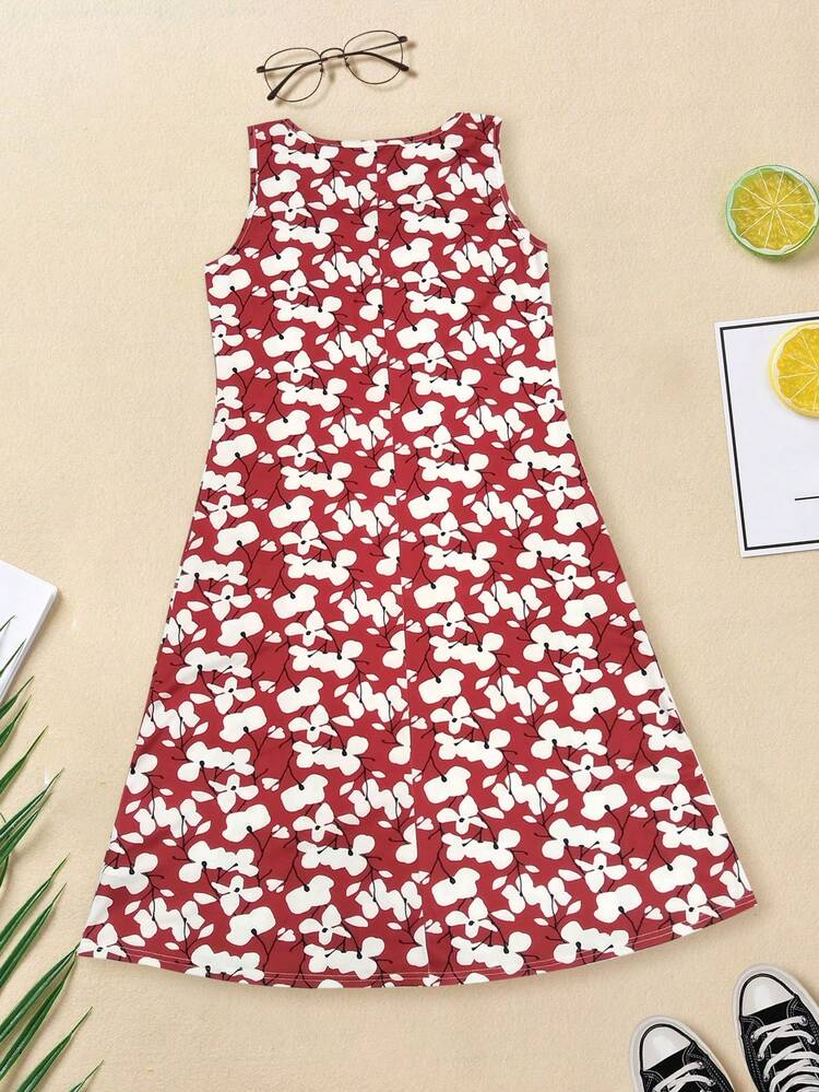 Vestido sin mangas con estampado floral de moda, ligero y elegante, versátil para salidas casuales, hogar, viajes, trabajo, bodas, fiestas, playa, ropa de dormir de verano - Rojo - Añade 5