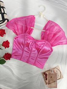1pc Pink Sexy Backless Spaghetti Strap Camisole Midriff Baring Crop Top Corset
