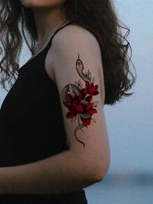 1pc Temporary Tattoo Red Flower & Black Snake Wrap Design, Waterproof & Sweatproof, Unisex - Multicolor - View 2