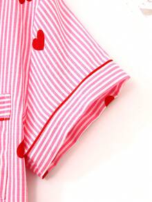 2 Pieces Women Red Striped Heart Print Pajama Set, Short Sleeve Button-Up Shirt With Collar And Bowknot Shorts, Casual Sleepwear For Spring/Summer - Red - View 5