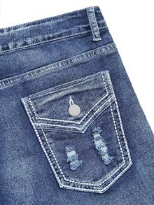 Plus Size Solid Color Washed Cat Beard Pattern Fake Flip Hole Personality Back Pocket Imitation Old Jeans Ladies High Waist Slim Version Commuter Joker Four Seasons Plus Size Jeans. - 淺色水洗藍 - 查看 7