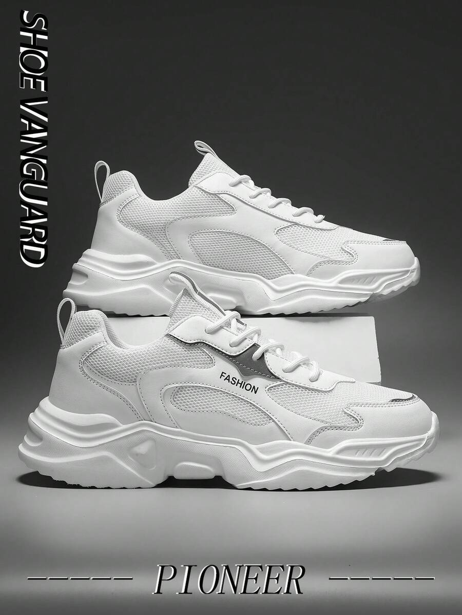 男士透气网面休闲运动鞋，适合户外、日常和街头穿着，黑白PU皮革拼接低帮运动鞋，大码厚底运动鞋，四季皆宜，是搭配牛仔裤和运动鞋的理想选择。