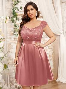 加大 V 领亮片蕾丝撞色缎面正式派对秋千裙，优雅舞会婚礼宾客礼服，适合生日、毕业典礼、返校节 - 藕粉色 - 查看 7