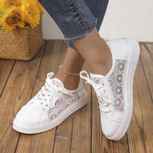 女士时尚休闲鞋,镂空透气轻便系带舒适运动鞋,MD防滑软底轻便运动跑步鞋,时尚优雅蕾丝拼接白色鞋,平底日常休闲步行鞋,健身训练鞋 - 白色 - 查看 7