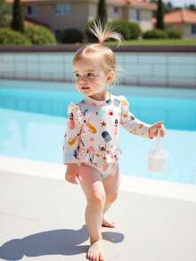 Baby Girls Rash Guard Swimsuit Rompers Long Sleeve Ocean Elements Print Toddler Ruffles Bathing Suit Swimwear - Beige - View 2