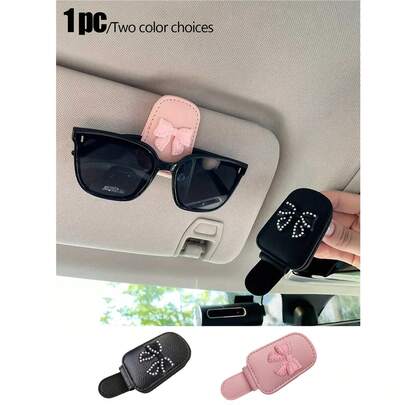 磁性珍珠蝴蝶结图案眼镜夹，立体优雅蝴蝶结珍珠设计，汽车遮阳板固定夹，多功能钞票夹，精致小巧，易于安装，适用于女性汽车配件，汽车遮阳板磁性时尚眼镜架-带钞票夹的 PU 皮革眼镜-易于安装，牢固贴合，时尚配饰收纳盒。