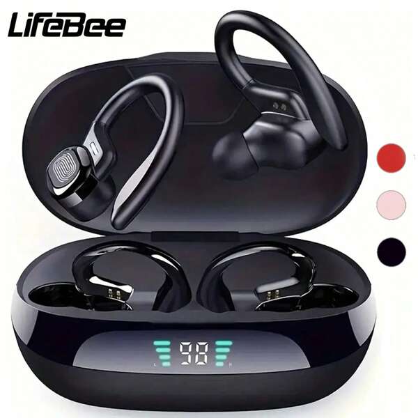 LIFEBEE Auriculares deportivos inalámbricos con micrófono y estuche de carga con LED - Sonido estéreo real y diseño de gancho para la oreja para correr y hacer ejercicio