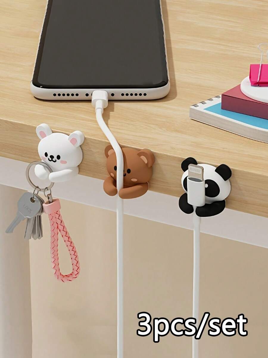 3pcs Durable PVC Cable Organizer - Cute Cartoon Animal(Panda, Rabbit, Bear) Wall-Mounted Cable Clips With Protective Cap - Cord Management Accessory For Desk And Nightstand,Multi-Color Plastic Cord Holders For Kitchen Appliances,Stylish & Functional Power Cord Management System.Various Colors,Easy Installation Adhesive Hooks, For Desk And Bedside Table Management,Utility Hooks - Multicolor - View 1