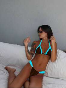 女士性感露背系带极简沙滩比基尼泳装度假夏季 - 棕藍 - 查看 2