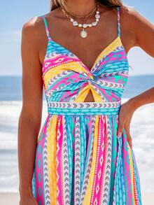 popvil Boho Printed Front Twist Cutout Maxi Dress - Blue - View 2