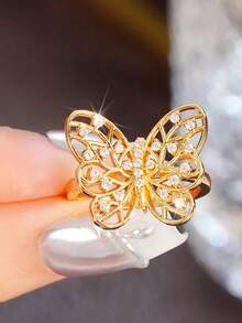 1pc 925 Sterling Silver Plated Gold Butterfly Zirconia Ring, Elegant Jewelry Ring, Charming Promise Ring For Women, Delicate Jewelry Gift, Suitable For Girls' Daily Wear