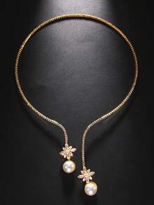 1 件华丽仿珍珠水钻装饰银色颈链婚礼新娘项圈首饰 - 金色 - 查看 3