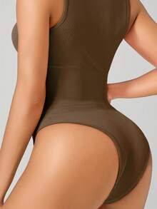 1pc Women's Soft Rib-Knit Skinny Spaghetti Strap Jumpsuit Shape-Wear - Brown - View 4