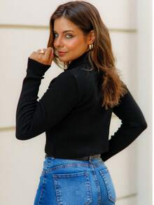 Knitted Cropped Cardigan Jacket With Ribbed Fashion Zipper - Black - View 6