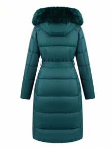 Giolshon Women's Plus Size Minimalist Long Hooded Jacket With Belt And Faux Fur Collar - Suitable For Autumn/Winter - Green - View 6