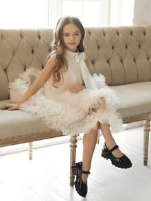 白色蝴蝶结毕业礼服，优雅公主薄纱尾礼服，适合年轻女孩生日派对、婚礼、庆典活动、圣餐礼服