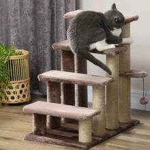 PawHut 4 Levels Cat Steps, Pet Stairs Carpeted Ladder, Kitten Tree Climber With Scratching Posts, Hanging Play Ball, Side Step, Brown