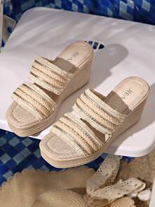 Summer High Platform Waterproof Wedge Heel Rhinestone Decor Braided Strap Slip-On Sandals For Women, Super High Heel - Khaki - View 6