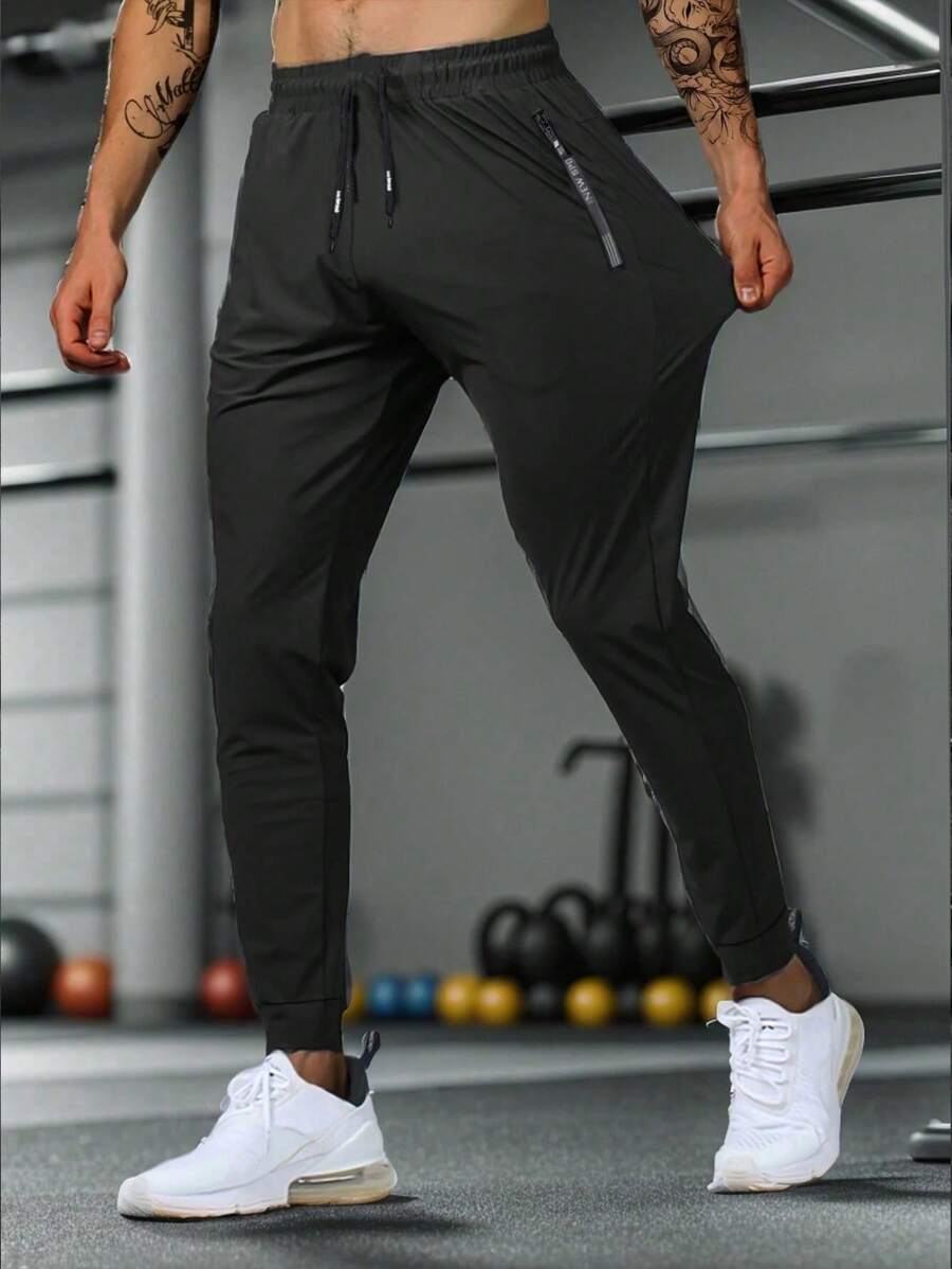 Boyfriend Style Men Drawstring Waist Zipper Pocket Sports Pants,Men's Zipper Pocket Ice Silk Breathable Fitness Sweatpants,Suitable For Daily Wear, Gym Running Workout, Suitable For Boyfriend Husband