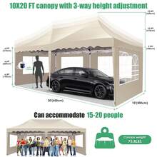 CAROMA Pavilion 3x6 Folding Pavilion 3x6 Waterproof Stable, Party Tent Foldable Anti-UV 50+ Pop Up Garden Pavilion With 6 Sidewalls, 4 Sandbags, Bag With Wheels, For Weddings Parties Market