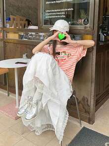 High Waist Lace Trim Slimming White A-Line Skirt, Suitable For Winter, Christmas, Spring Festival, New Year Outfits