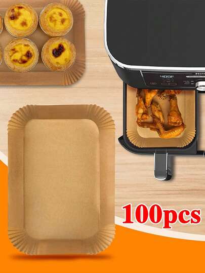25/50/100pcs Disposable Brown Rectangular Air Fryer Liners Parchment Paper, Rectangle Shape Air Fryer Paper, Non-Stick Air Fryer Baking Paper, Food Paper Tray & Oil-Proof Paper, Suitable For Baking Bread, Tarts, Cheese, Potatoes, Seafood, Oven Accessories, Baking Tools, Kitchen Gadgets, Kitchen Accessories