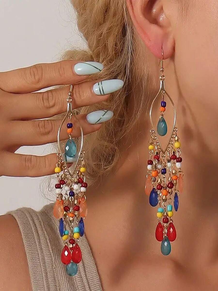 1 Cặp hoa tai tua rua hình giọt nước bằng nhựa Barroque phong cách Bohemian dành cho nữ