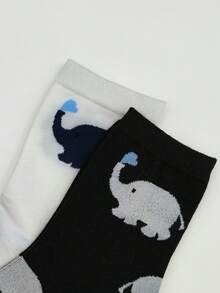 5 Pairs Women High Waist Patterned Mid-Calf Socks, Fashionable Elephant Design - Multicolor - View 6