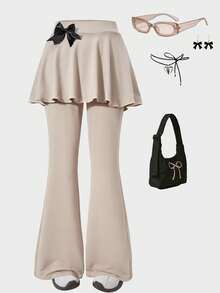 女童时尚休闲优雅街头复古修身低调奢华长裤，经典简约高端修身高腰百搭喇叭裤，新款欧式修身健身阔腿瑜伽裤 - 杏色 - 查看 3