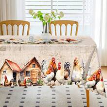 1pc Watercolor Chicken Nest Tablecloth - Polyester Fiber, Rectangular, Farmhouse Chicken Nest Design For Spring/Summer, Suitable For Home Kitchen Table, Dining, Picnic Decor