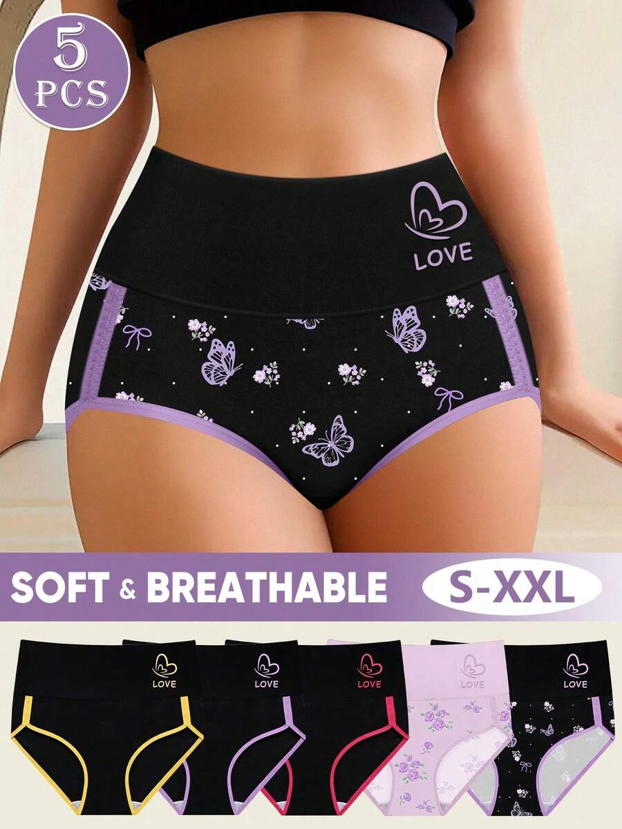 MEIYATING 5pcs/Pack Women Mid-Waist Fashionable Contrast Color Triangle Panties, Comfortable Fit