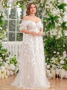 UNITHORSE 露肩刺绣流苏装饰褶皱前片透明白色加大码婚纱礼服，新娘全白派对装女士