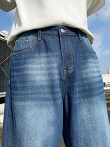 Hearty Haven 1pc Vintage Washed Retro High Street Straight Leg Loose Casual Baggy Wide Leg Dragging Jeans For Men, With Distressed Hem - Royal Blue - View 7