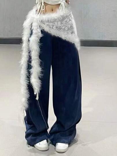 1 件带羽毛装饰的蕾丝绒球头带，可用作腰带或发饰，带有甜美的花朵饰边