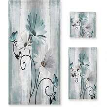 Bath Towels Set Farm Teal Floral Flowers On Country Wooden 3 Piece Towel Set1 Luxury Bath Towel 1 Hand Towel 1 Washcloth Soft Absorbent Drative Bathroom Kitchen Towels-CBETCL - Multicolor - View 1